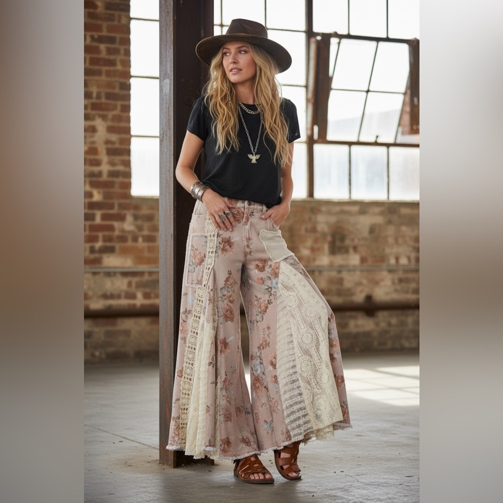 NWT Floral Print Boho Patchwork Lace Panel Ultra Wide Leg Flare Bohemian Pants - Picture 7 of 14